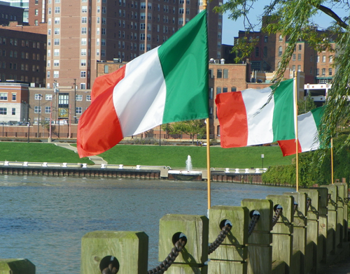 Irish flags at Irish Famine Memorial in Cleveland