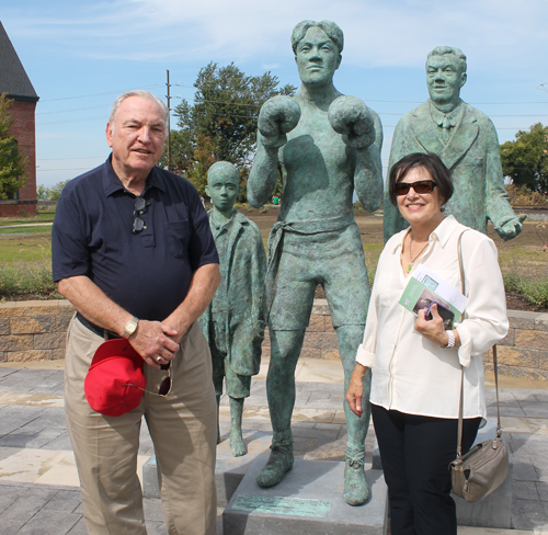 Posing at Johnny Kilbane statue in Battery Park in Cleveland Ohio