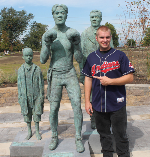 Posing at Johnny Kilbane statue in Battery Park in Cleveland Ohio