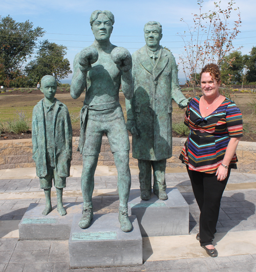 Posing at Johnny Kilbane statue in Battery Park in Cleveland Ohio