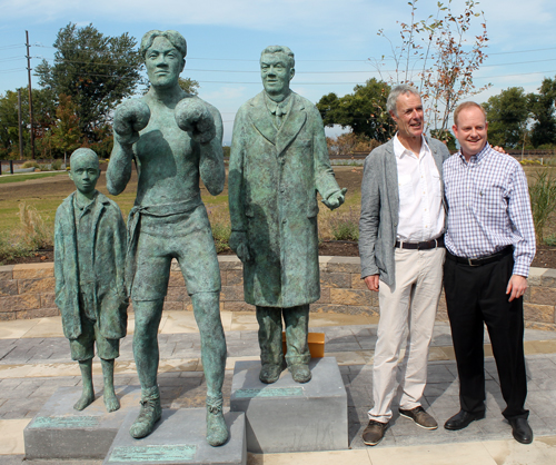 Sculptor Rowan Gillespie with Johnny Kilbane's great grandson Kevin O'Toole