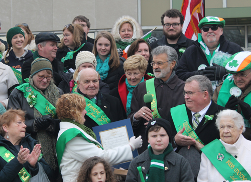 Mayor Frank Jackson presented a proclamation to United Irish Societies Executive Director Shannon Corcoran