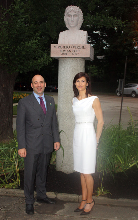 Italian Consul Marco Nobili and Honorary Consul Serena Scaiola in front of a bust of Virgil in the Italian Cultural Garden