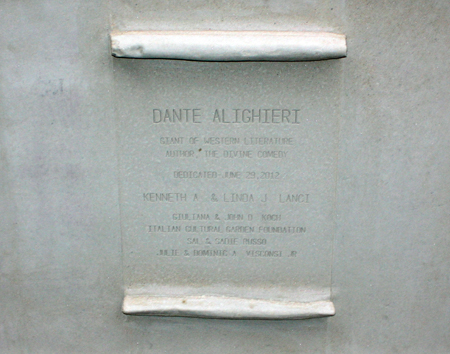 Dante Alighieri statue engraving in Cleveland Italian Garden