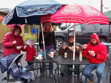 Eating food in the rain