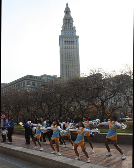 Cleveland cheerleaders under Terminal Tower