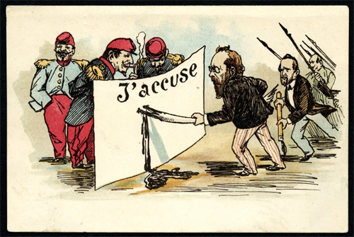 J'accuse, an illustration of Zola using a pen to attack the general staff (postcard)