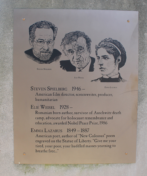 Hebrew Cultural Garden plaque - Steven Spielberg, Elie Weisel, Emma Lazarus