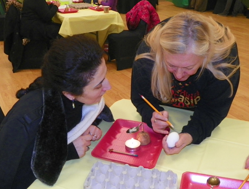 Linda Hupert showing Nana Egiazaryan how to make pysanky