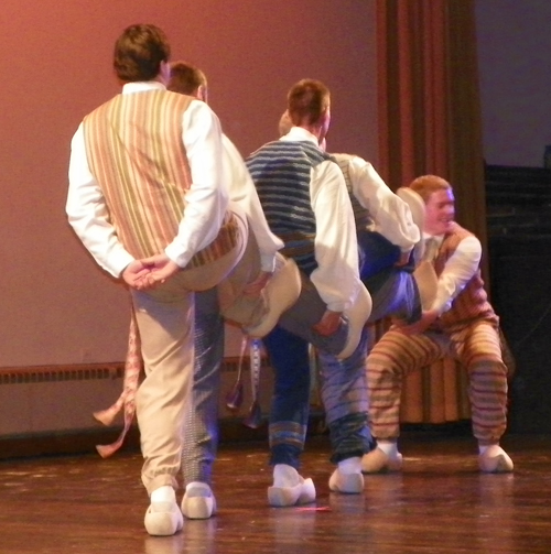 Young men performed a traditional Lithuanian dance using wooden shoes