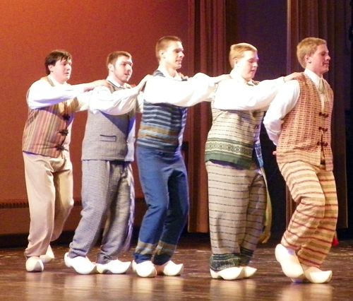 Young men performed a traditional Lithuanian dance using wooden shoes
