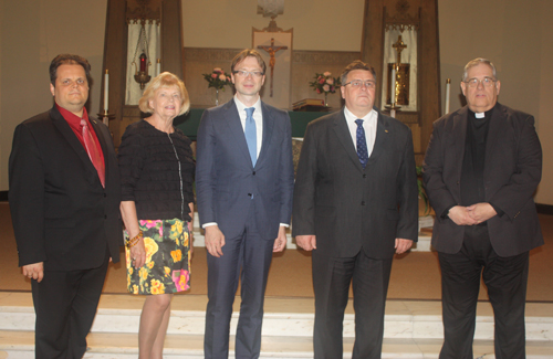 Consul General of the Republic of Lithuania in Chicago Marijus Gudynas, Honorary Consul Ingrida Bublys, Ambassador Rolandas Kriciunas, Republic of Lithuania Foreign Minister Linas Linkevicius and Rev. Joseph Bacevice inside St Casimir Church