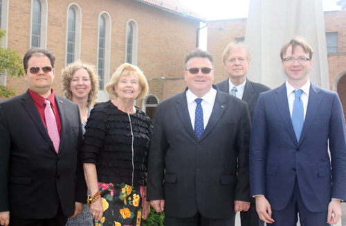 Consul General of the Republic of Lithuania in Chicago Marijus Gudynas, Lyra Puisyte-Bostroem, Honorary Consul Ingrida Bublys, Republic of Lithuania Foreign Minister Linas Linkevicius, Dr. Vik Stankus and Ambassador Rolandas Kriciunas outside St Casimir Church