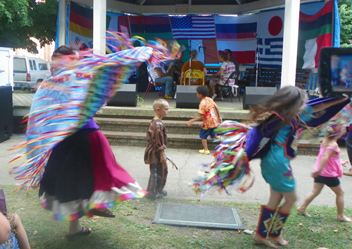 Native Americans from the Lenape Nations drum circle and dance