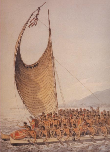 Kalani?opu?u, King of Hawaii bringing presents to Captain Cook. Illustrated by John Webber, artist aboard Cook's ship.