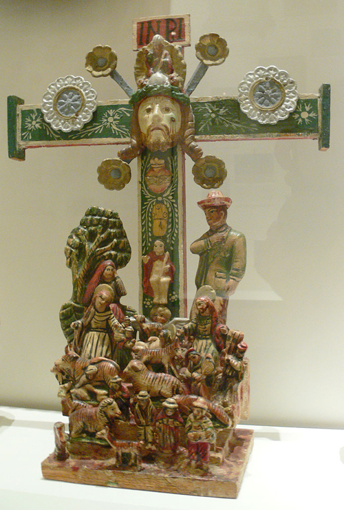 Peruvian crucifix with nativity scene at its base, c.1960
