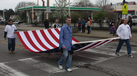 Big US flag at Polish Constitution Day Parade in Slavic Village