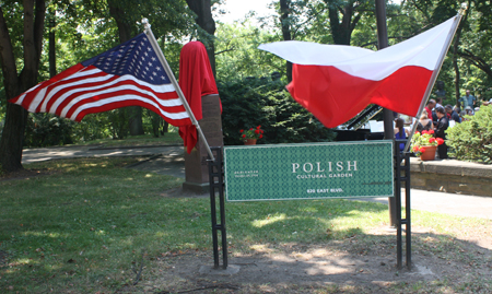 Cleveland Polish Cultural Garden with US and Polish flags