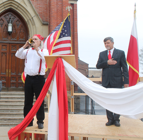US National Anthem was played on a pocket trumpet in front of the Shrine Church of St Stanislaus after the Polish Constitution Day Parade in Cleveland's Slavic Village neighborhood