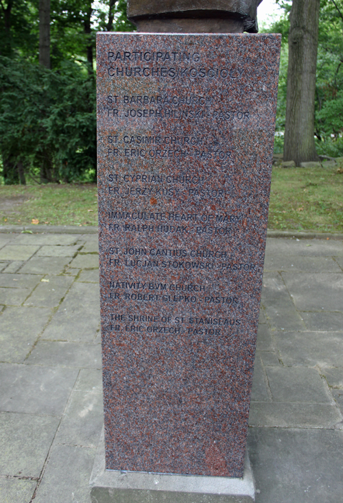 Bust of John Paul II in Polish Cultural Garden in Cleveland - right side - list of churches