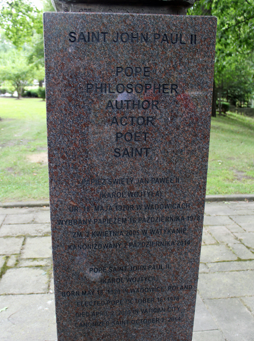 Bust of John Paul II in Polish Cultural Garden in Cleveland - words on front