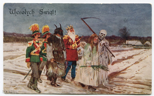 Mummers with a Turon creature singing Christmas carols called koledy in Poland, 1929 postcard