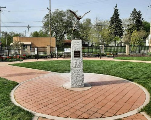 Polish and American Eagle monument in Polish American Cultural Center Heritage Garden