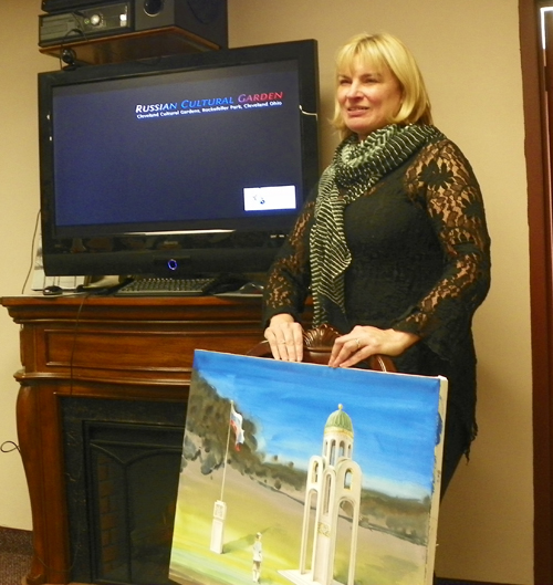 Svetlana Stolyarova with plans for Russian Cultural Garden