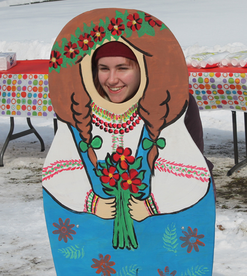 posing with life size two dimensional matryoshka (Russian nesting) dolls in Cleveland Russian Cultural Garden