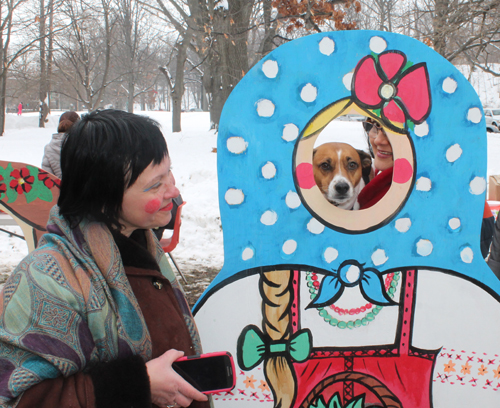 posing with life size two dimensional matryoshka (Russian nesting) dolls in Cleveland Russian Cultural Garden