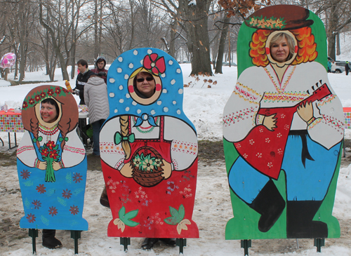 posing with life size two dimensional matryoshka (Russian nesting) dolls in Cleveland Russian Cultural Garden