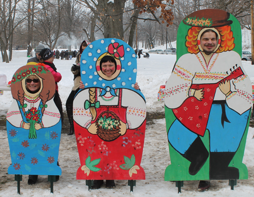 posing with life size two dimensional matryoshka (Russian nesting) dolls in Cleveland Russian Cultural Garden