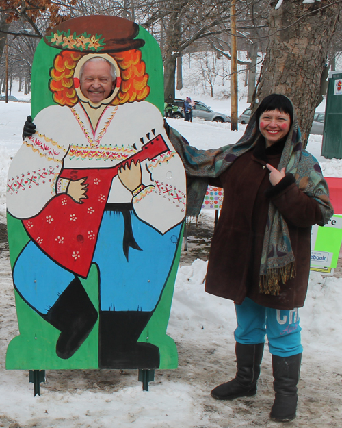 posing with life size two dimensional matryoshka (Russian nesting) dolls in Cleveland Russian Cultural Garden