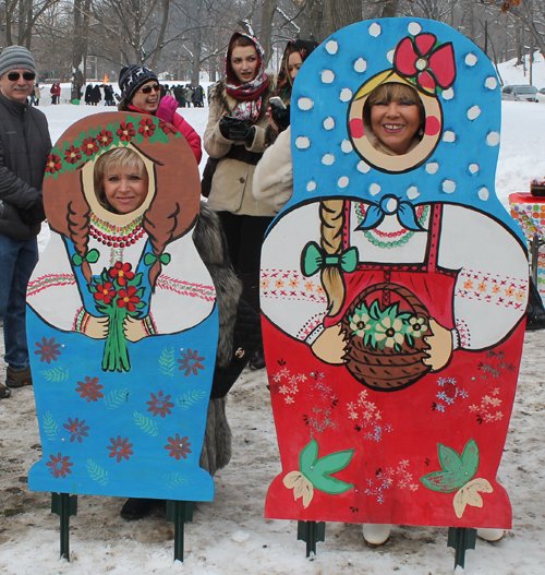 posing with life size two dimensional matryoshka (Russian nesting) dolls in Cleveland Russian Cultural Garden