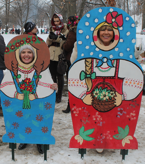 posing with life size two dimensional matryoshka (Russian nesting) dolls in Cleveland Russian Cultural Garden