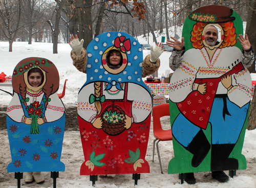 posing with life size two dimensional matryoshka (Russian nesting) dolls in Cleveland Russian Cultural Garden