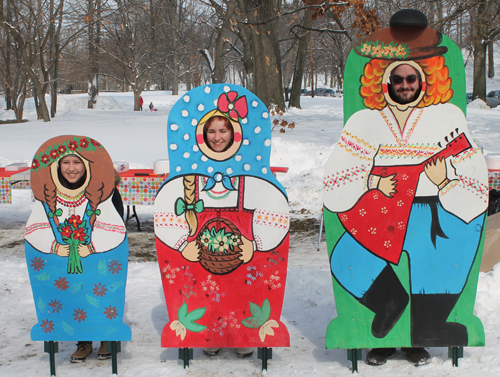 posing with life size two dimensional matryoshka (Russian nesting) dolls in Cleveland Russian Cultural Garden