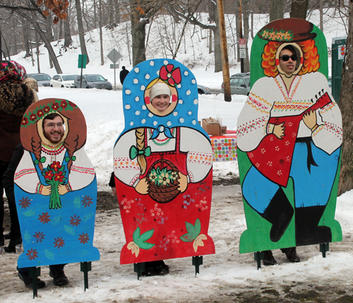 posing with life size two dimensional matryoshka (Russian nesting) dolls in Cleveland Russian Cultural Garden