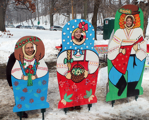 posing with life size two dimensional matryoshka (Russian nesting) dolls in Cleveland Russian Cultural Garden