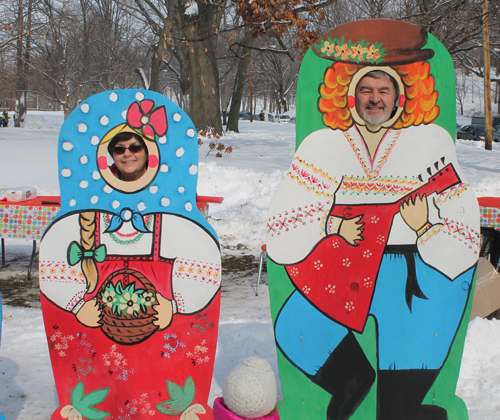 posing with life size two dimensional matryoshka (Russian nesting) dolls in Cleveland Russian Cultural Garden