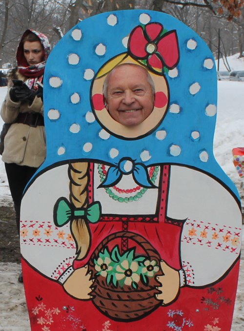 posing with life size two dimensional matryoshka (Russian nesting) dolls in Cleveland Russian Cultural Garden