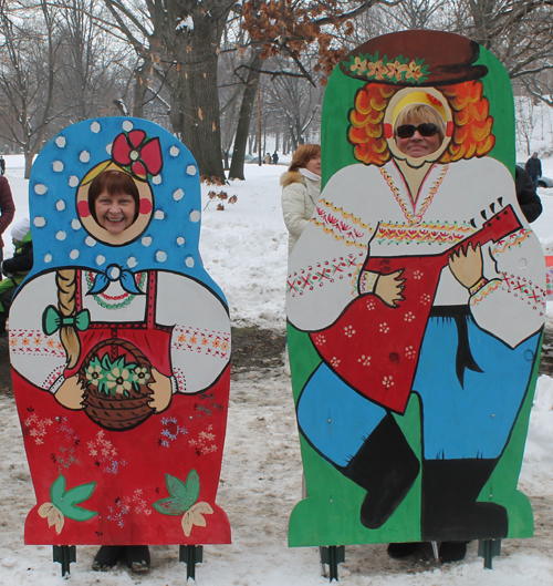 posing with life size two dimensional matryoshka (Russian nesting) dolls in Cleveland Russian Cultural Garden