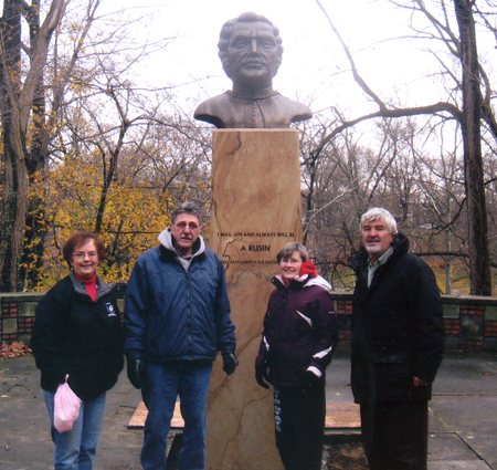 John Krenisky and Marcia Benko from the Carpatho-Rusyn Society and Fran and Paul Burik from the Cleveland Cultural Garden Federation at the bust of Dukhnovych in Carpatho Rusin Garden in Cleveland Ohio