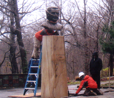 Mounting bust of Dukhnovych in Carpatho Rusin Garden in Cleveland Ohio