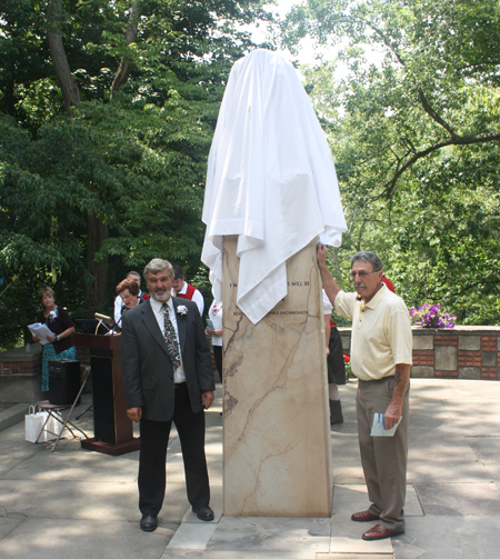 Bust of Aleksander Duchnovic unveiled by Paul Burik and John Krenisky in the Rusyn Garden in Cleveland