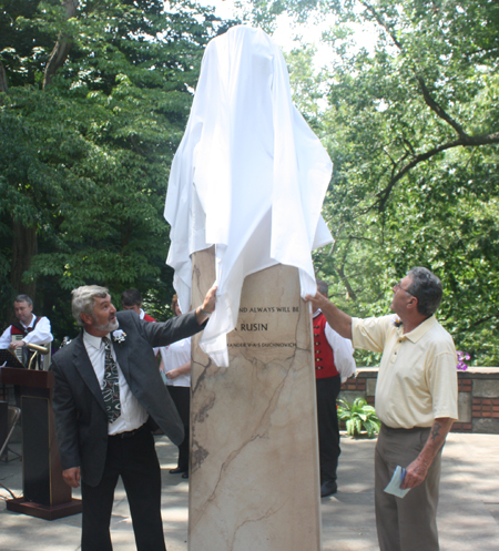 Bust of Aleksander Duchnovic unveiled by Paul Burik and John Krenisky in the Rusyn Garden in Cleveland