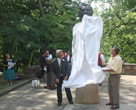 Bust of Aleksander Duchnovic unveiled by Paul Burik and John Krenisky in the Rusyn Garden in Cleveland