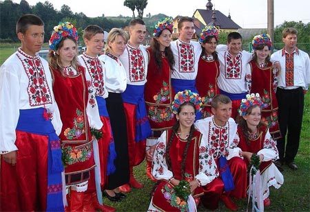 Transcarpathian Rusyns in original ukrainians folk-costumes from Central Ukraine