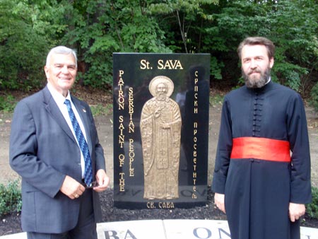 Alex Machaskee and Rev. Zivojin Jakovljevic in front of Saint Sava.