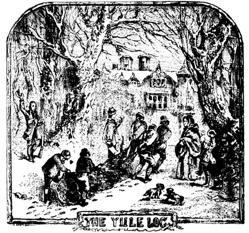 An illustration of people collecting a Yule log from the Chambers Book of Days 1864